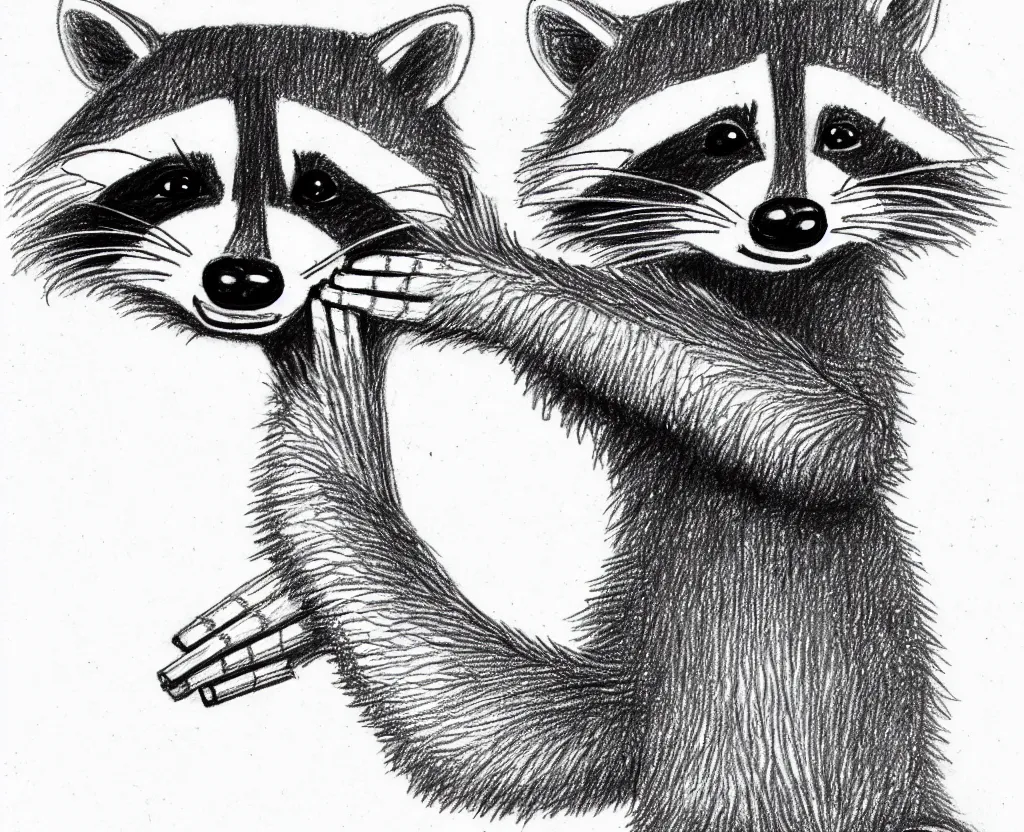 Image similar to detailed pencil sketch of a raccoon holding up and looking at a starfish, children's book