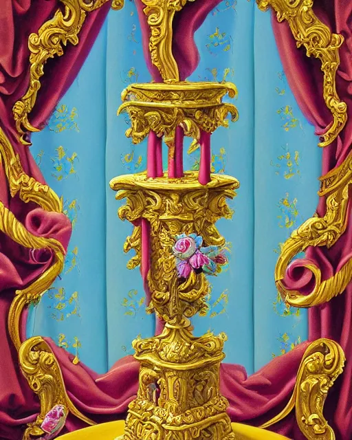 Prompt: baroque rococo painting Royal Fancy pedestal with cake Greg Hildebrandt Lisa Frank high detail cute adorable whimsical columns close up