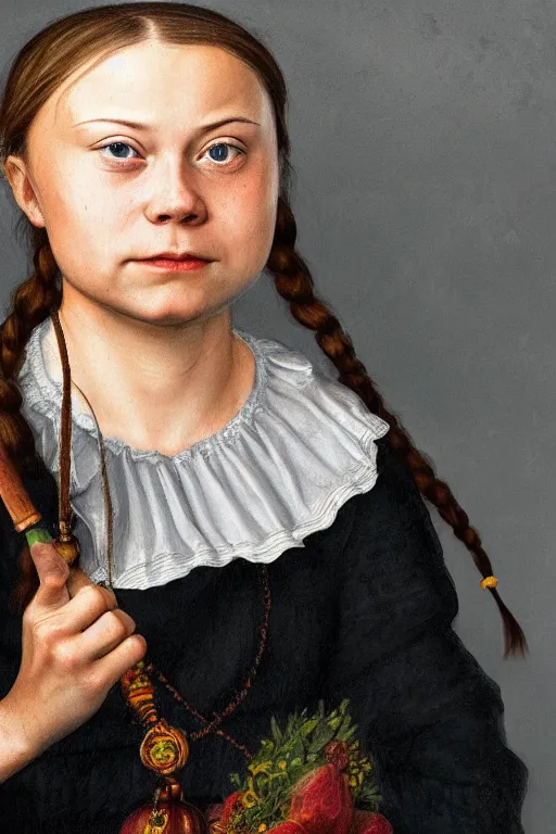 Image similar to greta thunberg as a cute Lucas Cranach the Elder Oil Painting, head and shoulders, epic, vivid colors, high details, cinematic, 8k resolution, beautiful detailed, photorealistic, digital painting, artstation, concept art, smooth, sharp focus, illustration, fantasy background, artstation trending, octane render, unreal engine