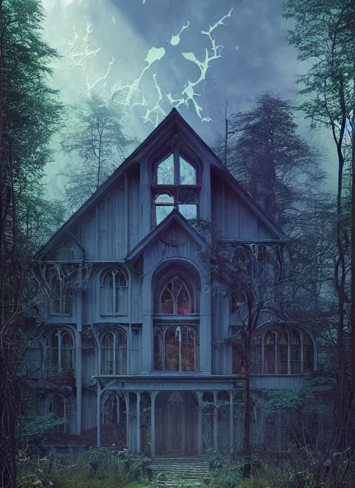 Image similar to hyper realistic witchy modern gothic house with mood lighting and tech in the woods gorgeous lighting, sunbeams blue sky, highly detailed, lush forest foliage painting by zdzisław beksinski and norman rockwell and greg rutkowski weta studio, and lucasfilm