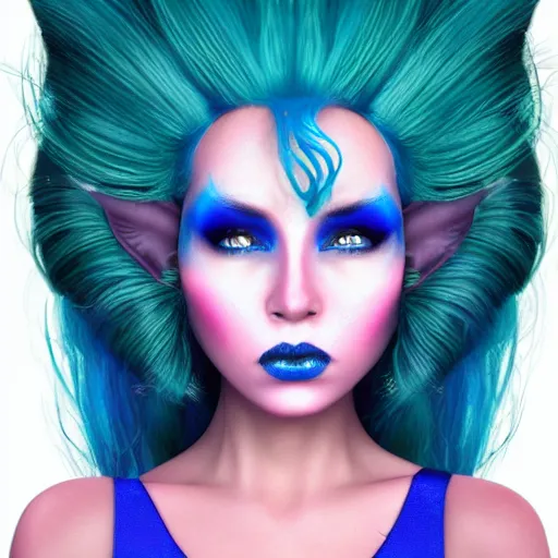 Image similar to Glam hair, 80s hair, Elf girl with blue skin, alien skin, blue elf, blue, blue-skinned elf, green hair, hairspray, big hair, wild hair, glam make-up, 80s, illustration, fantasy art, trending on ArtStation, 1980s fantasy art