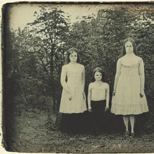 Prompt: Creepy cursed daguerreotype portrait photo of a 1800's family standing in front of house, alien abduction. Hyperrealism. Weirdcore
