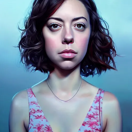 Prompt: a beautiful scenic painting of a beautiful young woman that looks like aubrey plaza by artgerm and wlop and wes anderson and spike jonze