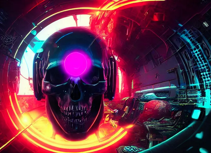 Image similar to a futuristic skull with glowing eyes and a wormhole tunnel, cyberpunk art by android jones, artstation hd, computer art, darksynth, synthwave glitchcore art, rendered in cinema 4 d