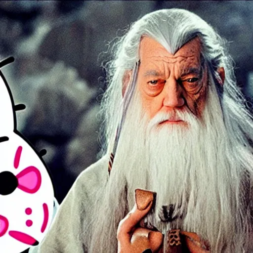 Image similar to gandalf dressed like Hello Kitty, movie still from the lord of the rings