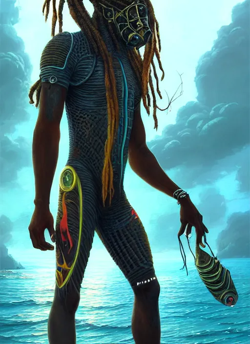 Prompt: portrait of a jamaican fisherman sci - fi fishing armor muscular cyberpunk dreadlocks intricate elegant highly detailed digital painting artstation concept art, ocean splashing background, greg rutkowski, loish, rhads, ferdinand knab, makoto shinkai and lois van baarle, ilya kuvshinov, rossdraws, tom bagshaw