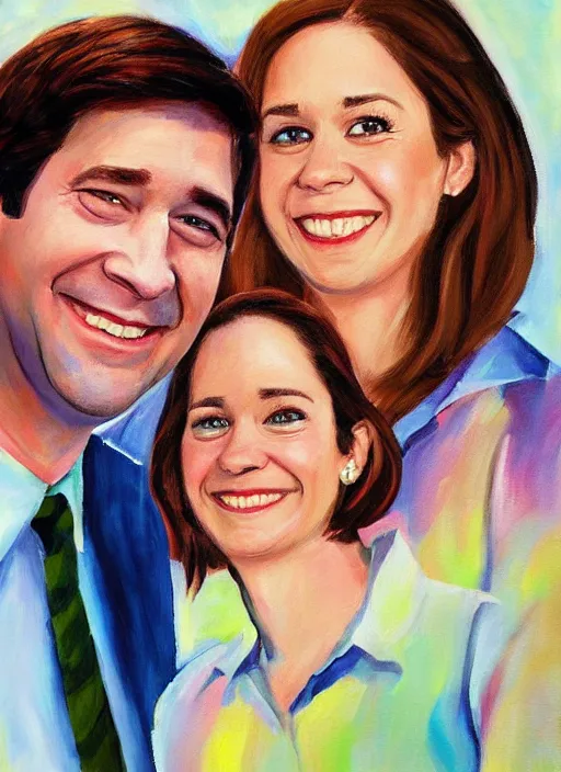 Prompt: portrait painting of jim halpert and pam beesly, happy couple, in the style of procter dod