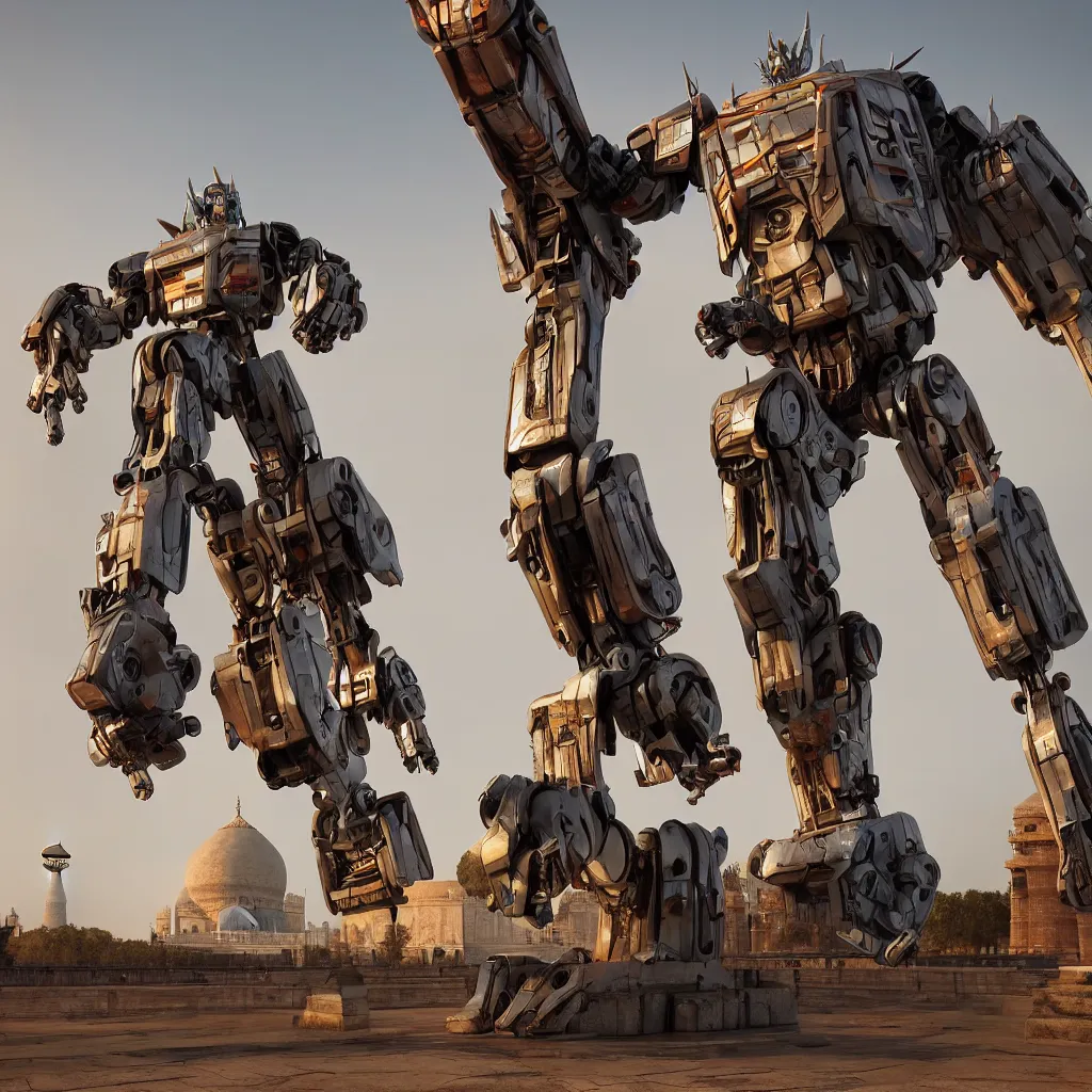 Image similar to transformers robot standing near taj mahal, octane render, volumetric lighting, art by furio tedeschi, hyper detailed