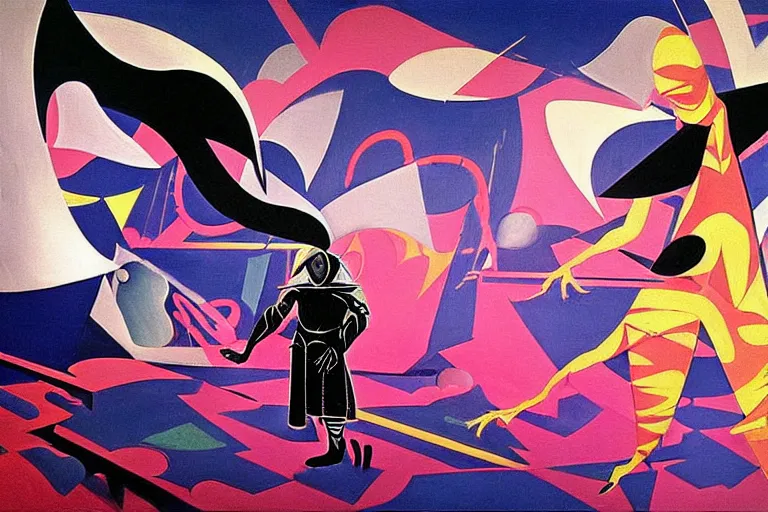 Image similar to a beautiful masterpiece painting of the technomancer wizard in dazzle camouflage robes with pointed hoods and his ai djinn performing psychic television on a crt tv by remedios varo and anato finnstark and greg rutkowski and andy warhol and francis picabia, dayglo pink, dayglo blue, dazzle camouflage, glowing, pearlescent white, raven black