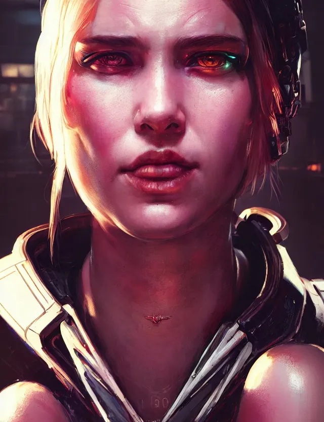 Image similar to close face portrait of a young female waitress as cyberpunk 2 0 7 7 concept art, art by ryo shiotani and greg rutkowski, intricate, beautiful, cute, cinematic lighting, vintage art by serge ivanoff, high resolution, very detailed