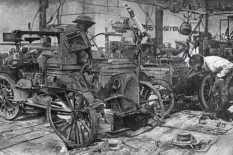 Prompt: repairing a vehicle on a machine world, year 1 9 1 4, photorealistic