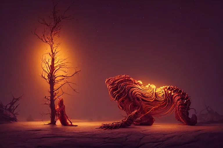 Image similar to creature in a alaska, backlit, warm tones, bioluminescent bioluminescent translucent translucent : : by michal karcz, daniel merriam, victo ngai and guillermo del toro : : ornate, dynamic, particulate, intricate, elegant, highly detailed, centered, artstation, smooth, sharp focus, octane render, 3 d