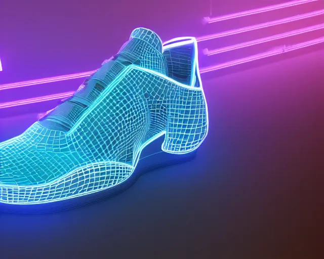 Prompt: A 3D model of of futuristic nike sneakers with neon lights from below, highly detailed, award winning, unreal engine 5