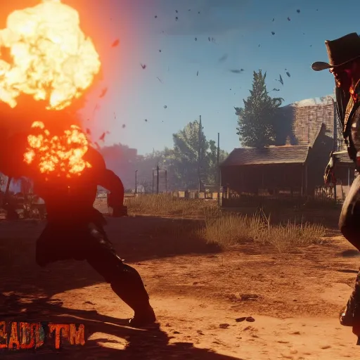 Image similar to Duke Nukem in Red Dead Redemption 2, Duke Nukem art style, explosive background