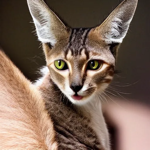 Image similar to a feline kangaroo - cat - hybrid, animal photography