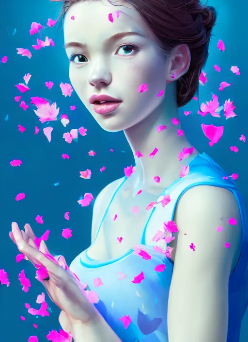 Image similar to wendys restaurant girl covered in translucent blue and pink leaf and petals in the style of stefan kostic, cute - fine - face, dasha taran, backlit, refracted lighting, elegant, half body shot, 8 k, insanely detailed, intricate, art by stanley lau, artgerm, wlop, kuvshinov ilya,