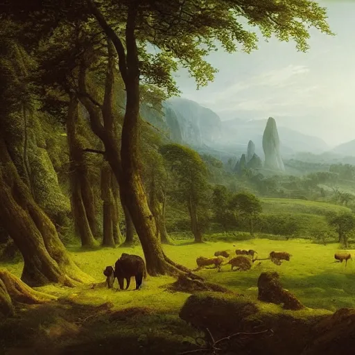 Prompt: pastoral tribute to caspar david friedrich a wide expansive valley with verdant foliage, tall broad oaks, a beautiful pellucid river running betwixt gorgeous igneous rock driven up by glaciers oil paint rendering jonas de ro