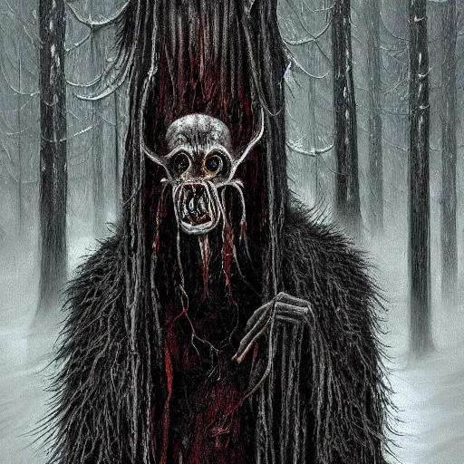 Image similar to cloaked humanoid wendigo feasting on a bloody dear, nighttime located in a snowy dark forest, lurking horror, forboding, high detail, oil painting, style of seb mckinnon