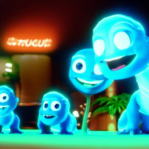 Image similar to cute smiling pixar and chibi style electric blue scaled glowing baby dinosaurs in tron movie, cinestill