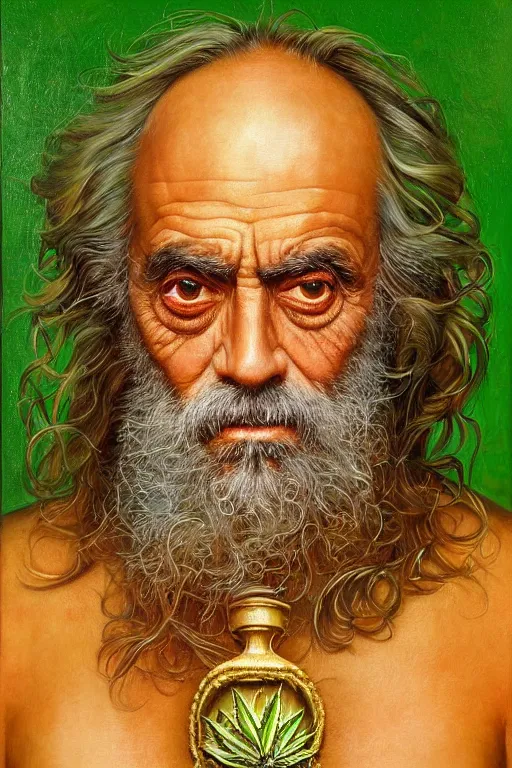 Prompt: hyper realistic portrait painting of tommy chong ( intrincate detail, golden mushroom ornaments, marijuana ) wet, marijuana buds, by saturno butto, boris vallejo, austin osman spare and david kassan, by bussiere. occult art, occult diagram, red and green color scheme.