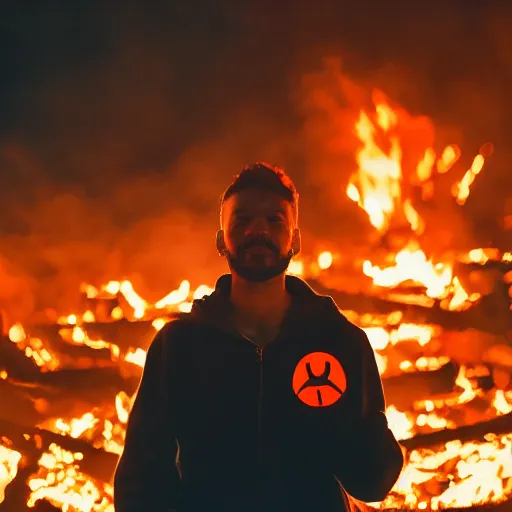 Image similar to a selfie of a guy making a peace sign while standing in a fire