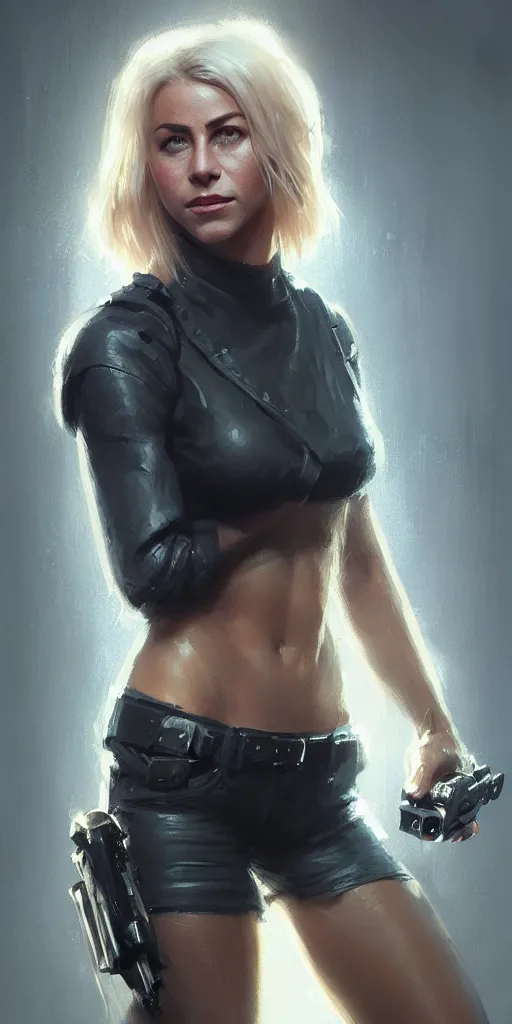 Image similar to portrait of julianne hough by greg rutkowski and wlop, a secret agent, wearing black shorts, wearing black boots, wearing a cropped top, blade runner, highly detailed portrait, digital painting, artstation, concept art, smooth, sharp focus ilustration, artstation, hq