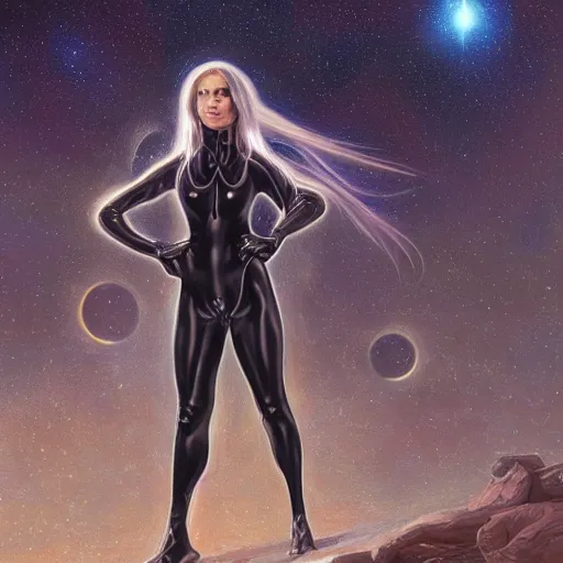 Image similar to pleiadian woman with big eyes and long silver hair wearing a dark body suit and holding a plasma gun as a realistic sci fi character, portrait art by donato giancola and greg rutkowski, digital art, trending on artstation, standing in a barren field