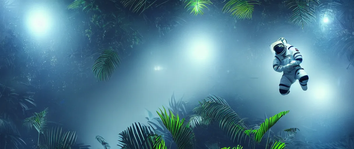 Image similar to mid - angle single shot of flying body of space astronaut in weightlessness inside tropical jungle with palm leaves, small foggy and gloomy, blue lights, bokeh background, highly detailed science fiction illustration by jeremy geddes. photorealistic, octane render, hyper detailed, 8 k, movie still, artstation, unreal engine