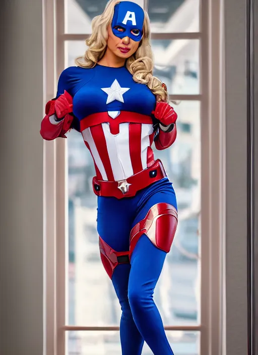 Prompt: portrait of lindsey pelas as captain america, by charlotte grimm, natural light, detailed face, canon eos c 3 0 0, ƒ 1. 8, 3 5 mm, 8 k, medium - format print, full body shot