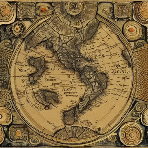 Image similar to ancient fantasy world map, antique intricate design, filigree finish, highly detailed