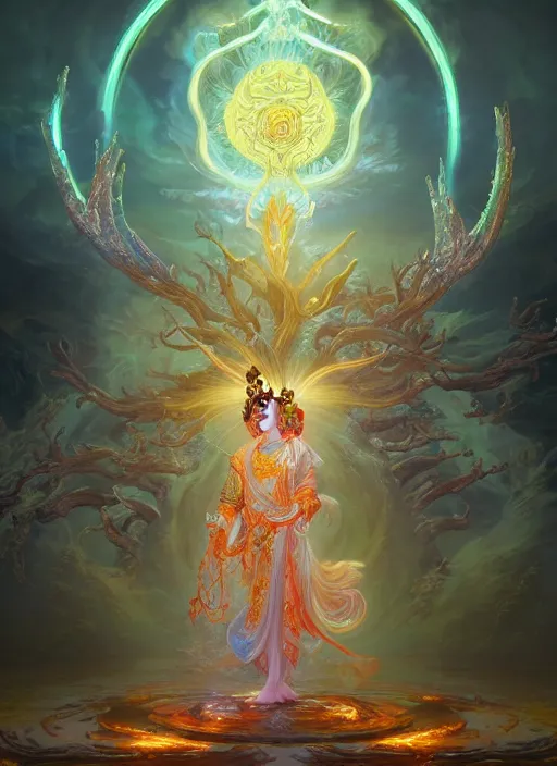 Image similar to Gigantic Deity with a halo made of fluorescent mushrooms and white antlers, flowing robes, extremly detailed digital painting, in the style of Fenghua Zhong and Ruan Jia and Peter Mohrbacher, mystical colors, rim light, beautiful lighting, 8k, stunning scene, raytracing, octane, trending on artstation