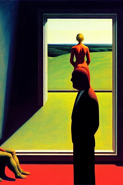 Prompt: man and woman, in the void, by the mirror, station edward hopper and james gillard, zdislav beksinski, high detail alex colville, otto mueller, stephen conroy, sandro botticelli, andrew newell wyeth, daniel meidman jussi picho, octane rendering