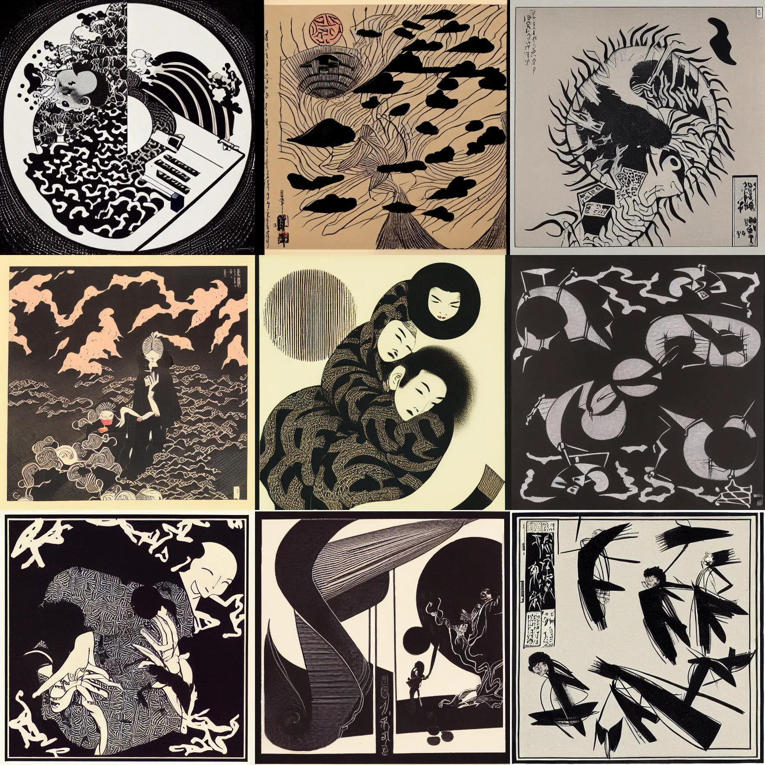 Prompt: Album art for an experimental club music album, by Yohji Yamamoto, Maya Deren, Hokusai