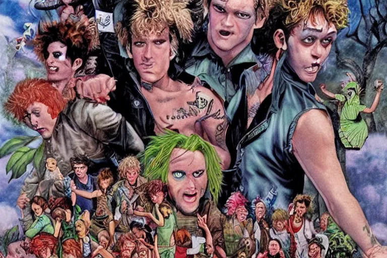 Image similar to 1 9 8 0's punk rock lost boys of neverland fighting an adult peter pan who abandoned them. london. art by glenn fabry. hyper realistic. london.