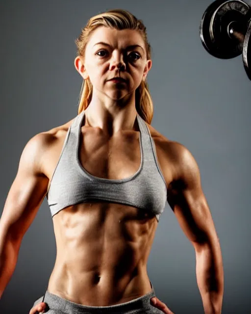 Image similar to extreme closeup of natalie dormer abdominal muscles, wearing shorts and highcut top, very sweaty, backlit, studio lighting, intricate detail, beautiful composition, extremely muscly bodybuilder