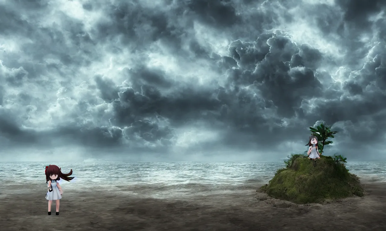 Image similar to cute fumo plush girl enigmatic gothic maiden anime girl on an abandoned island surrounded by the sea, marine beach seascape, storm clouds in the distance, vignette, vray