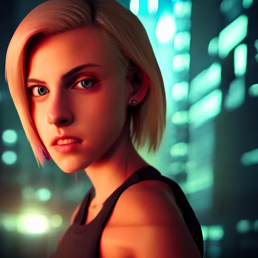 Prompt: Annie Leonhart in a neon city, octane render 8k, photorealistic render, atmospheric render, beautiful face, cute