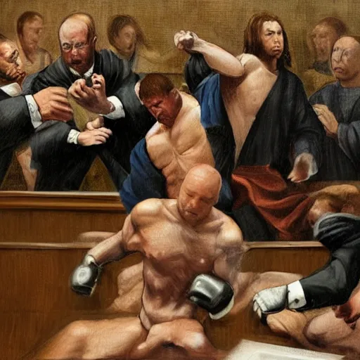 Prompt: three clones of Alex Jones fighting in a courtroom, renaissance painting