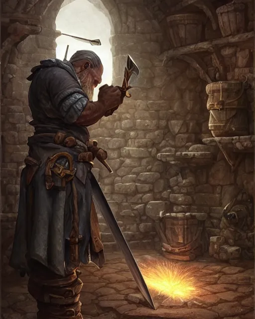 Image similar to an old blacksmith forging his final sword, his sad with grief and in pain from old injuries, his wall depicts his best weapons, deep focus, D&D, fantasy, intricate, elegant, highly detailed, digital painting, artstation, concept art, matte, sharp focus, illustration, hearthstone, art by Artgerm and Greg Rutkowski and Alphonse Mucha