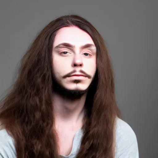 Image similar to a transgender man with long brown hair sits near a hemp