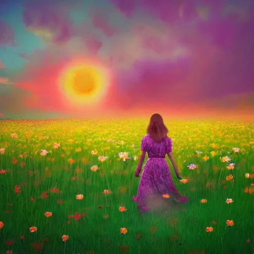 Prompt: girl walking in flower field, daisy flower as a face, full body, surreal photography, sunrise, impressionist painting, colorful clouds, digital painting, artstation, simon stalenhag, flower face