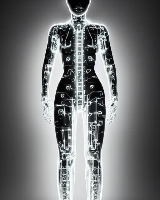 Image similar to black and white artistic photo, full figure, young female cyborg - vegetal, microchip, artificial intelligence, bio - mechanical bio - luminescence, black wired cables, cinematic, rim light, photo - realistic, 8 k