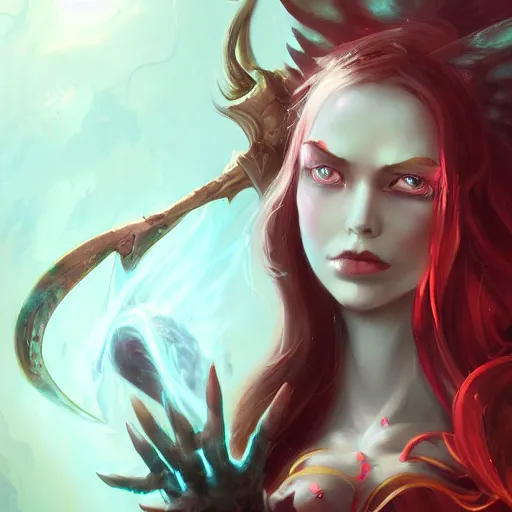 Prompt: portrait of the beautiful face a demoness with pale skin and red eyes and long dark hair by pete mohrbacher and artgerm and wlop, digital art, unreal engine 5, 4K UHD image