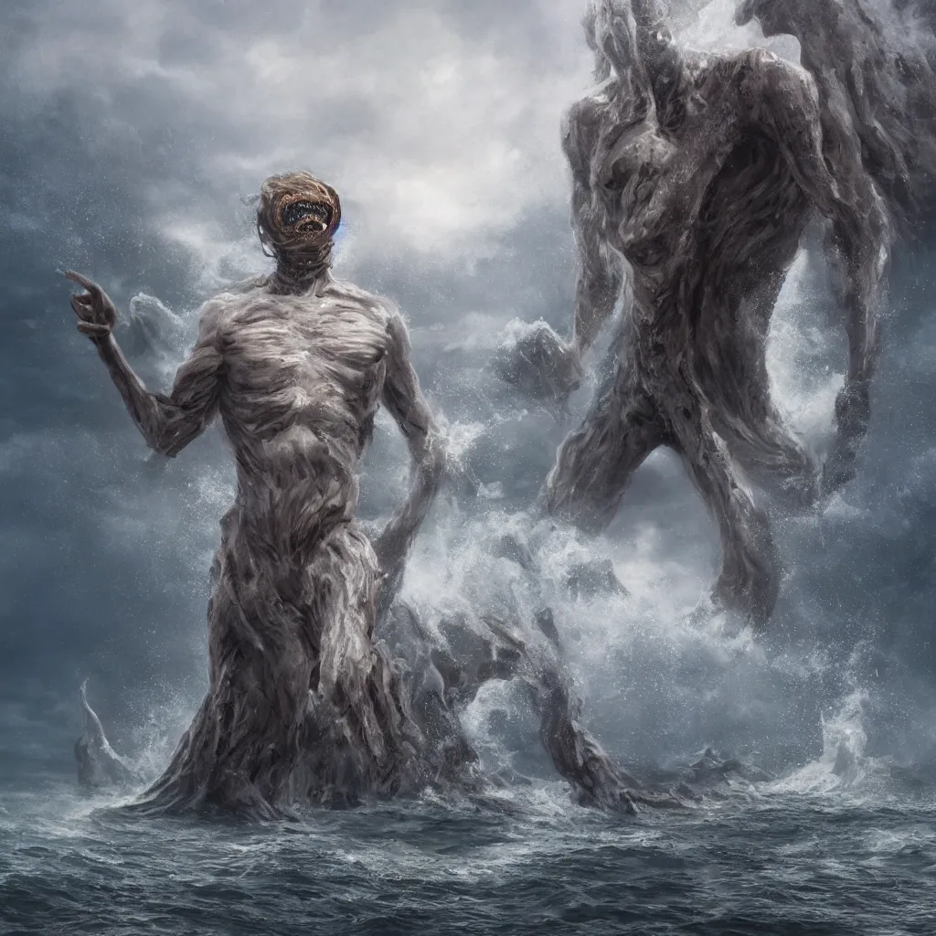 Prompt: a single highly detailed 4 k matte painting. humanoid giant. cthulu head and torso. climbing out of the sea. pale, white, smooth, skin