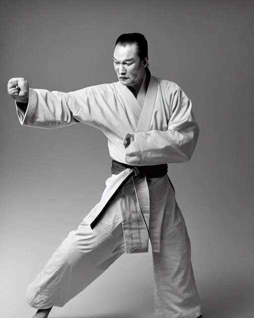 Prompt: Steven Seagal practicing karate at the Shaolin temple, photorealistic, studio lighting, photographed in the style of Annie Leibovitz
