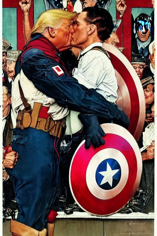 Image similar to norman rockwell painting of captain america kissing donald trump