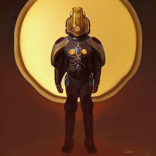 Prompt: full body portrait of sci - fi tech priest with a golden disc on a decorated helmet, highly detailed, digital painting, artstation, concept art, smooth and sharp focus, illustration, art by tian zi and wlop and alphonse mucha