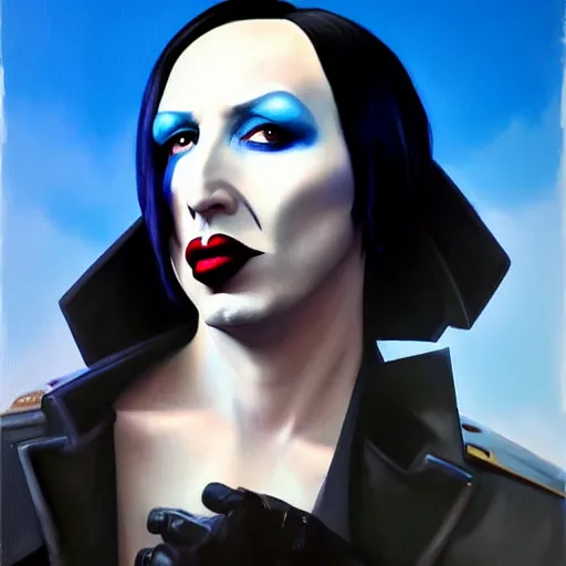 Prompt: Greg Manchess portrait painting of Marilyn Manson as Overwatch character, medium shot, asymmetrical, profile picture, Organic Painting, sunny day, Matte Painting, bold shapes, hard edges, street art, trending on artstation, by Huang Guangjian and Gil Elvgren and Sachin Teng