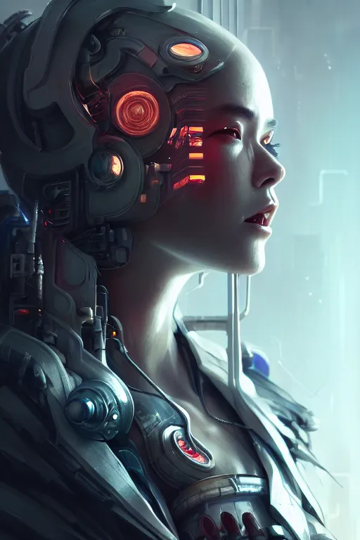 Image similar to a hyper detailed octane render concept art by xision wu, kerem beyit, sandara tang portrait of cyberpunk cyborg, dim lighting, detailed portraits, unreal engine 5, highly rendered,, digital painting, artstation, concept art, smooth, sharp focus perfect horizontal ， symmetry illustration, detailed and intricate environment artstation hq