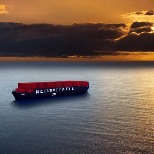 Image similar to professional high digital art hyperrealism movie still of a container vessel in the year [ 3 0 0 0 ] in the pristine ocean water. canon eos 7 d | 1 8 0 mm f 3. 5 1 / 1 6 0 0 iso 2 0 0